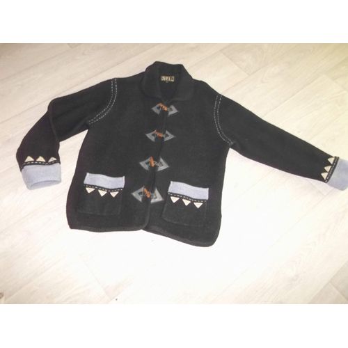 Veste Carla L Noire Et Multicolore 100% Laine Boutons Bois Taille M/L Tbe