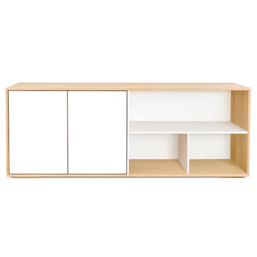 Buffet Bas Scandinave Blanc Et Bois Clair Chêne Massif L190 Cm Ezia