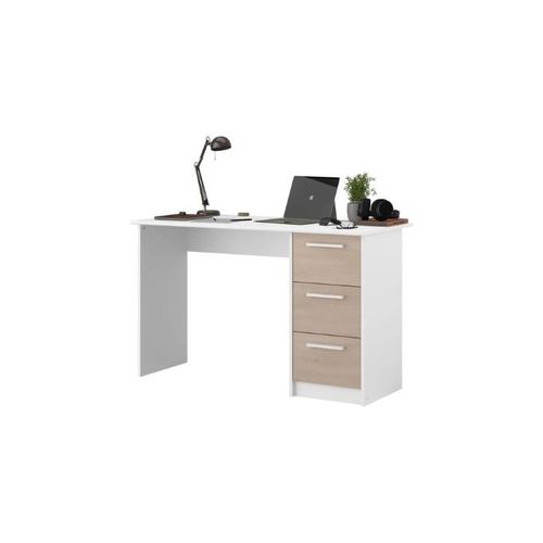 Bureau D'ordinateur Meuble En Panneau De Particule Couleur Blanc Et Bois Design Moderne 3 Tiroirs Table D'ordinateur Maison Chambre