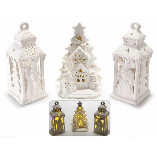 3 Petites Lanternes de Noel en porcelaine blanche avec lumiere LED