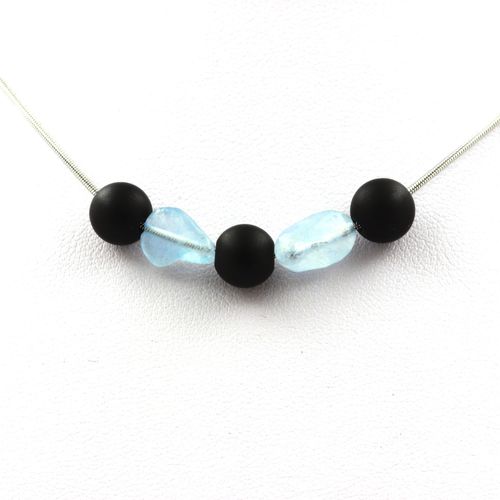 Collier Perles Onyx Noir Mat 8 Mm + Aigue-Marine Du Brésil Chaine En Acier Inoxydable.