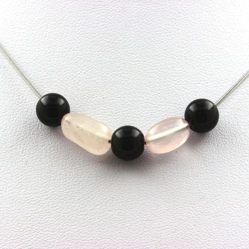 Collier Perles Agate Noire 8 Mm + Quartz Rose Du Brésil Chaine En Acier Inoxydable.