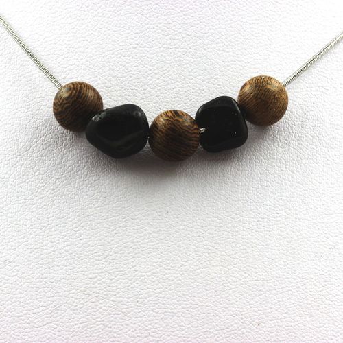 Collier Perles Bois 8 Mm + Tourmaline Schorl Du Brésil Chaine En Acier Inoxydable.