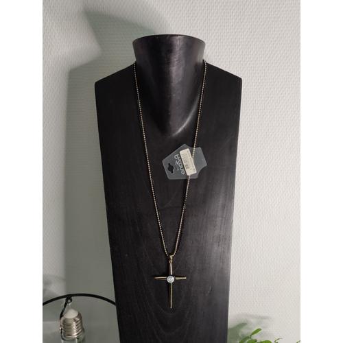 Collier Avec Pendentif Croix Doré, Noir, Strass Blanc Neuf, Collier Sautoir