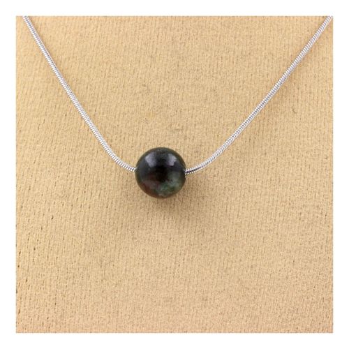 Collier 1 Perle Emeraude De Zambie 8 Mm Chaine En Acier Inoxydable.