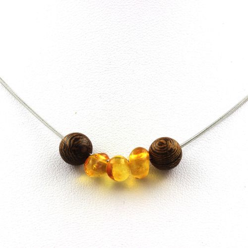 Collier Perles Bois 8 Mm + Ambre Véritable De La Mer Baltique Chaine En Acier Inoxydable.