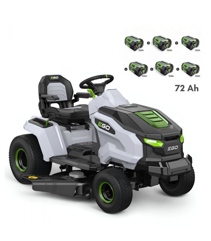 Tondeuse tracteur Ă batterie coupe 107 cm, 6 batteries 12Ah et char...