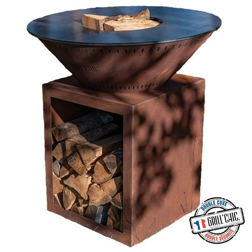 Braséro plancha avec meuble range bois Le Classique DOUBLE CUVE en corten 80x90 Barbecue d'extérieur Grill'Chic