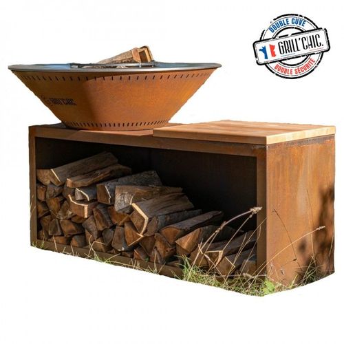 Braséro plancha avec meuble range bois Le Traditionnel DOUBLE CUVE en corten 100x90 Barbecue d'extérieur Grill'Chic
