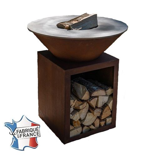 Braséro plancha avec meuble range bois Le Classique en corten 80x90 Barbecue d'extérieur Grill'Chic