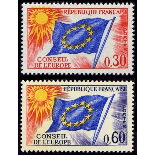 France 1965, Très Beaux Timbres De Service Neufs** Luxe Du Conseil De L'europe, Yvert 30 Et 31, Soleil Et Drapeau Européen.