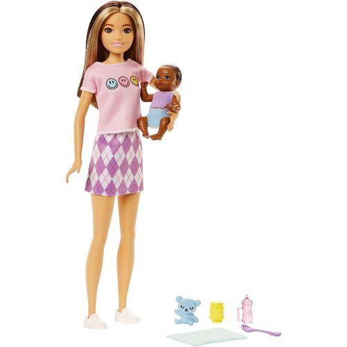 Barbie Coffret Poupée Skipper Baby-Sitter Brune, Avec Figurine De Bébé Et 5 Accessoires