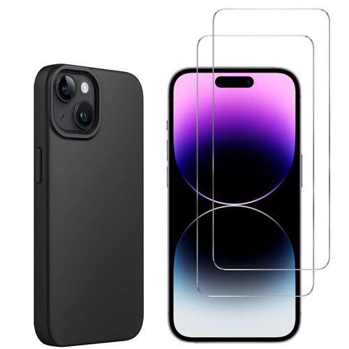 Hqselection ® Coque Silicone Noir Mat Pour Iphone 15 (6.1") + 2 Verre Trempé Film Protection Écran - Anti Rayures - Ultra Résistant Dureté 9h