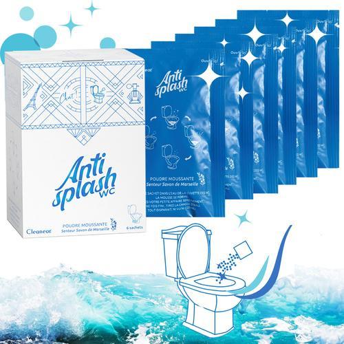 Antisplash WC Poudre moussante Anti-bruits de Ploufs, Anti-odeurs, Anti-éclaboussures, Anti-salissures - Nettoyant surpuissant multifonction Biodégradable - 6 sachets fraîcheur Savon de Marseille.