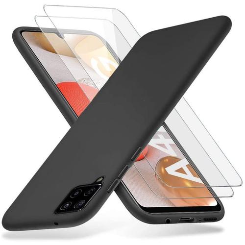 Hqselection ® Coque Silicone Noir Mat Compatible Avec Samsung Galaxy A42 + 2 Film De Protection D'écran En Verre Trempé Transparent - Anti Rayures - Ultra Résistant Dureté 9h