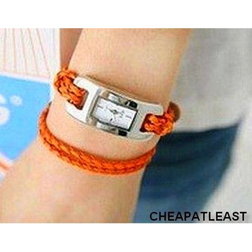 Mini Montre Bijou Bracelet Lanière Tressée Simili Cuir Orange