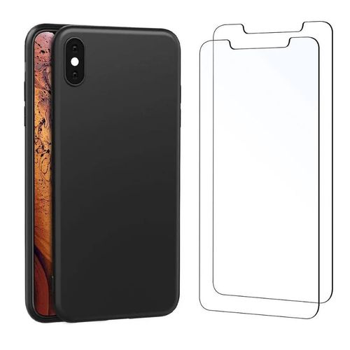 Hqselection ® Coque Silicone Noir Mat Compatible Avec Iphone Xs Max + 2 Film De Protection D'écran En Verre Trempé Transparent - Anti Rayures - Ultra Résistant Dureté 9h
