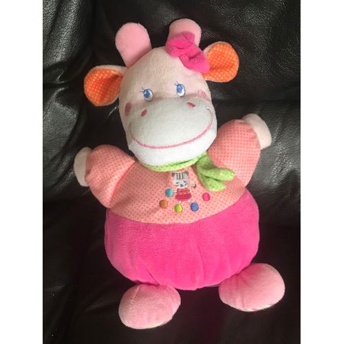 Doudou Musical Boite À Musique Vache Rose À Pois  Oreilles Orange Écharpe Verte Mots D'enfants 28 Cm