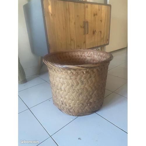 Cache Pot Corbeille Coffre Rond Panier Vintage Osier Rotin 44x36 Cm