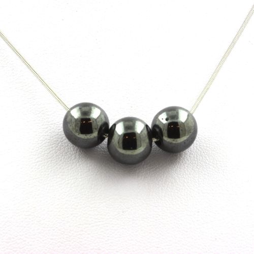 Collier 3 Perles Hématite 8 Mm Chaine En Acier Inoxydable.