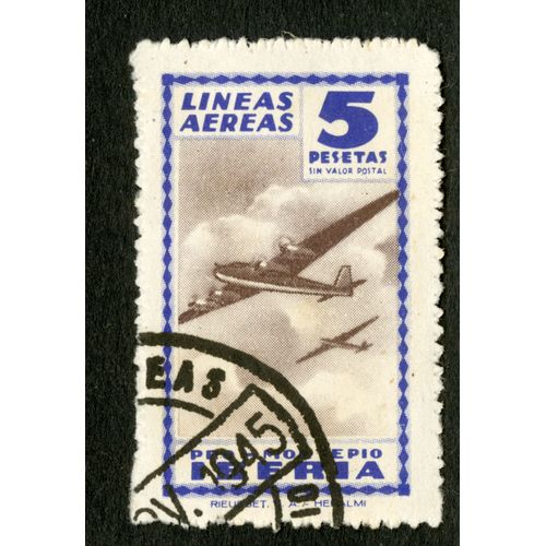 Timbre Oblitéré Espana, Pro - Montepio Iberia, Lineas Aereas, 5 Pesetas