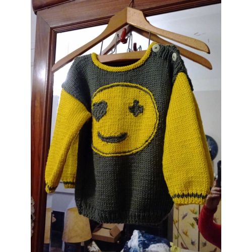 Pull En Laine Kaki /Jaune 6 Ans Tricoté Main.