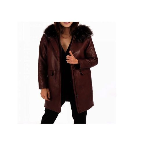 Grand Blouson Cuir Agneau Italy Veste Peau Souple Trappers Compagny Warpper's Canada Manteau Capuche Fourrure Marmotte Chocolat Coat L Dame Elegant Couvrant Vetement Qualite Brun Automne Hiver Marron