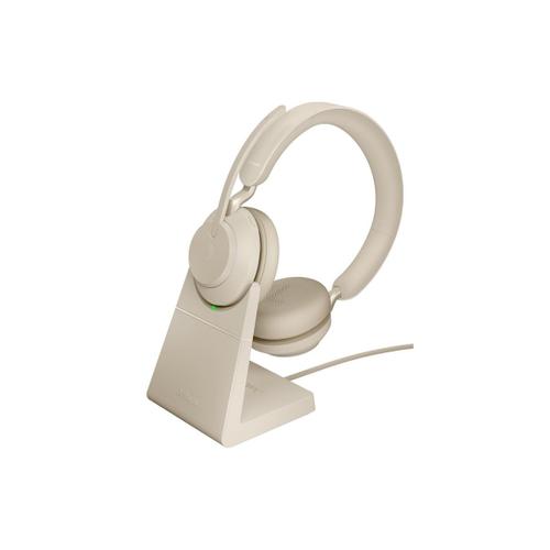 Jabra Evolve2 65 UC Stereo - Micro-casque - sur-oreille - Bluetooth - sans fil - USB-C - isolation acoustique - beige - avec support de chargement