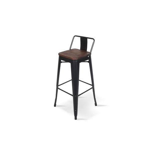 Kosmi - Tabouret De Bar En Métal Noir Mat Et Assise En Bois Foncé Avec Dossier, Chaise De Bar Tabouret Métal Et Bois Haut Hauteur 66cm Idéal Pour Une Table De 90cm