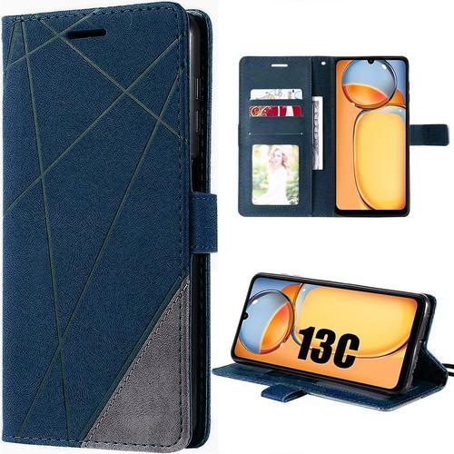 Coque Pour Xiaomi Redmi 13c, Bleu Marine, Etui Antichoc Effet Cuir Avec Poche À Cartes Et Fonction De Support, Design Rétro - E.F.Connection