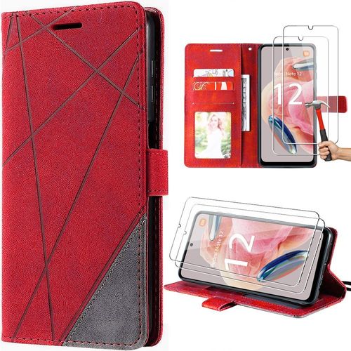 Coque Pour Xiaomi Redmi Note 12 4g, Rouge, Etui Rétro Antichoc En Cuir Pu Avec Fentes Pour Cartes + 2 Verres Trempés - E.F.Connection