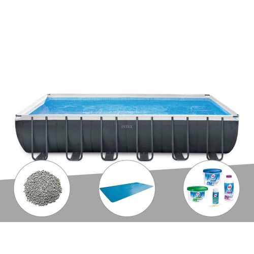 Kit piscine tubulaire Intex Ultra XTR Frame rectangulaire 7,32 x 3,66 x 1,32 m + B?che ? bulles + 20 kg de z?olite + Kit de traitement au chlore