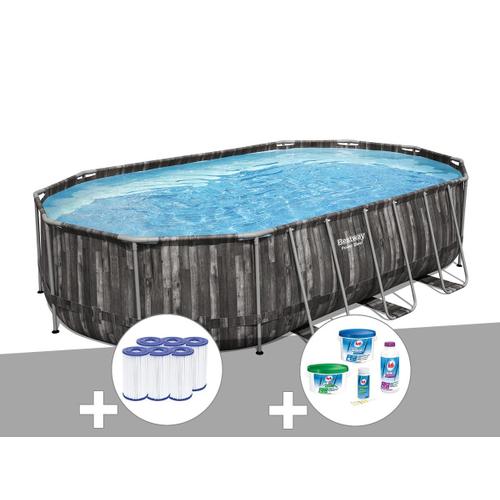 Kit piscine tubulaire ovale Bestway Power Steel décor bois 6,10 x 3,66 x 1,22 m + 6 cartouches de filtration + Kit de traitement au chlore