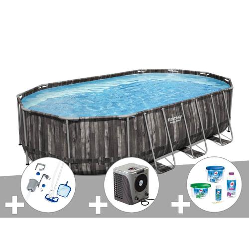 Kit piscine tubulaire ovale Bestway Power Steel décor bois 6,10 x 3,66 x 1,22 m + Kit de traitement au chlore + Kit d'entretien Deluxe + Pompe à chaleur