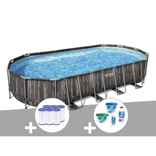 Kit piscine tubulaire ovale Bestway Power Steel décor bois 7,32 x 3,66 x 1,22 m + 6 cartouches de filtration + Kit de traitement au chlore