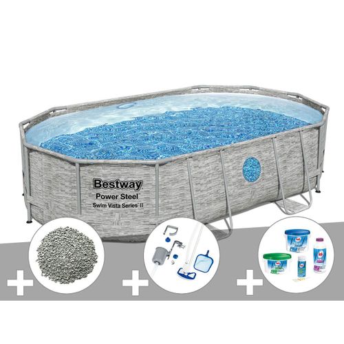 Kit piscine tubulaire ovale Bestway Power Steel SwimVista avec hublots 4,88 x 3,05 x 1,07 m + 10 kg de zéolite + Kit de traitement au chlore + Kit d'entretien Deluxe