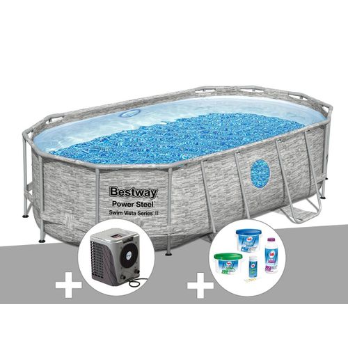 Kit piscine tubulaire ovale Bestway Power Steel SwimVista avec hublots 4,27 x 2,50 x 1,00 m + Kit de traitement au chlore + Pompe à chaleur
