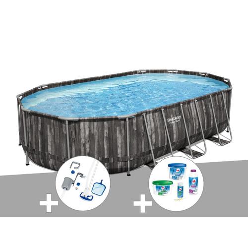 Kit piscine tubulaire ovale Bestway Power Steel décor bois 6,10 x 3,66 x 1,22 m + Kit de traitement au chlore + Kit d'entretien Deluxe