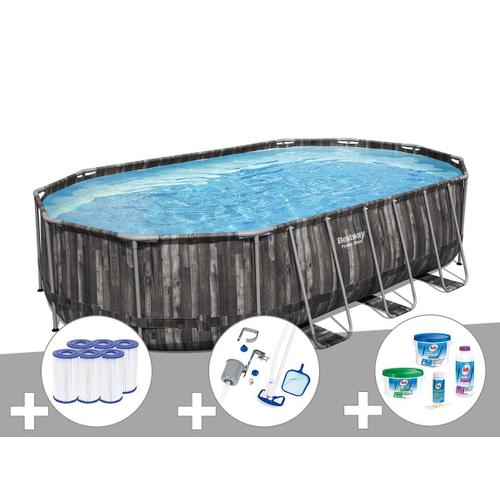 Kit piscine tubulaire ovale Bestway Power Steel décor bois 6,10 x 3,66 x 1,22 m + 6 cartouches de filtration + Kit de traitement au chlore + Kit d'entretien Deluxe