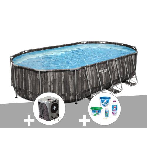Kit piscine tubulaire ovale Bestway Power Steel décor bois 6,10 x 3,66 x 1,22 m + Kit de traitement au chlore + Pompe à chaleur
