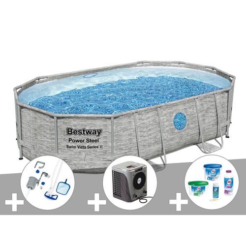 Kit piscine tubulaire ovale Bestway Power Steel SwimVista avec hublots 4,88 x 3,05 x 1,07 m + Kit de traitement au chlore + Kit d'entretien Deluxe + Pompe à chaleur