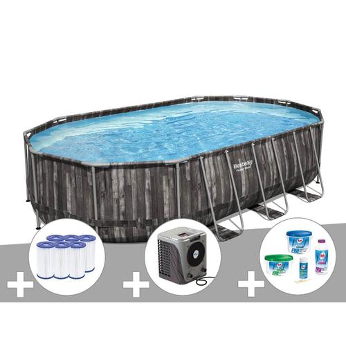 Kit piscine tubulaire ovale Bestway Power Steel décor bois 6,10 x 3,66 x 1,22 m + 6 cartouches de filtration + Kit de traitement au chlore + Pompe à chaleur