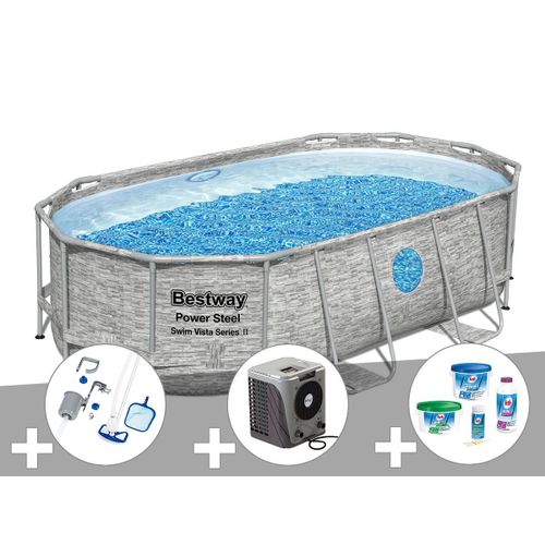Kit piscine tubulaire ovale Bestway Power Steel SwimVista avec hublots 4,27 x 2,50 x 1,00 m + Kit de traitement au chlore + Kit d'entretien Deluxe + Pompe à chaleur