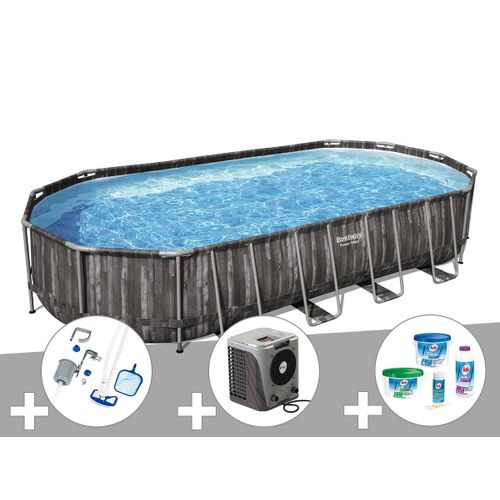 Kit piscine tubulaire ovale Bestway Power Steel décor bois 7,32 x 3,66 x 1,22 m + Kit de traitement au chlore + Kit d'entretien Deluxe + Pompe à chaleur