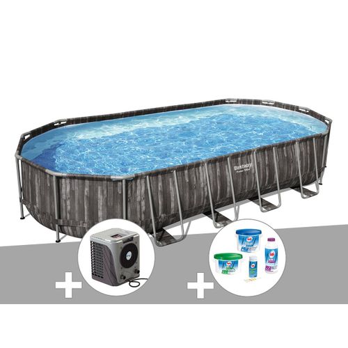 Kit piscine tubulaire ovale Bestway Power Steel décor bois 7,32 x 3,66 x 1,22 m + Kit de traitement au chlore + Pompe à chaleur