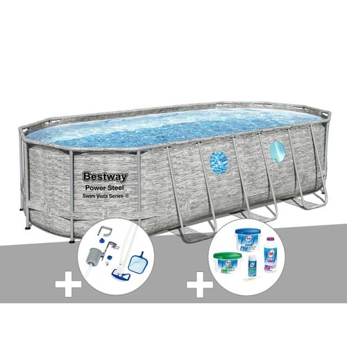 Kit piscine tubulaire ovale Bestway Power Steel SwimVista avec hublots 5,49 x 2,74 x 1,22 m + Kit de traitement au chlore + Kit d'entretien Deluxe