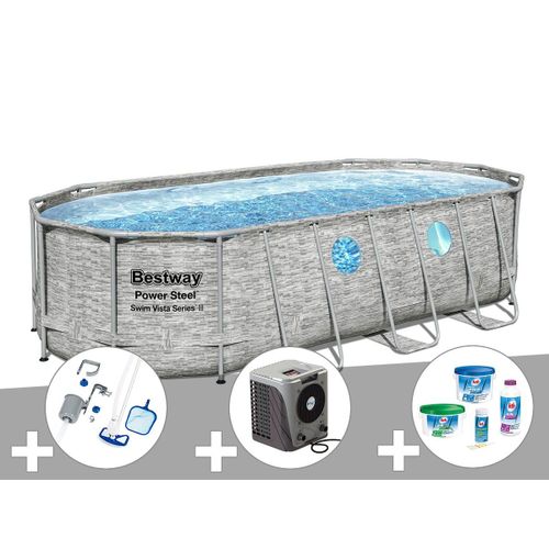 Kit piscine tubulaire ovale Bestway Power Steel SwimVista avec hublots 5,49 x 2,74 x 1,22 m + Kit de traitement au chlore + Kit d'entretien Deluxe + Pompe à chaleur