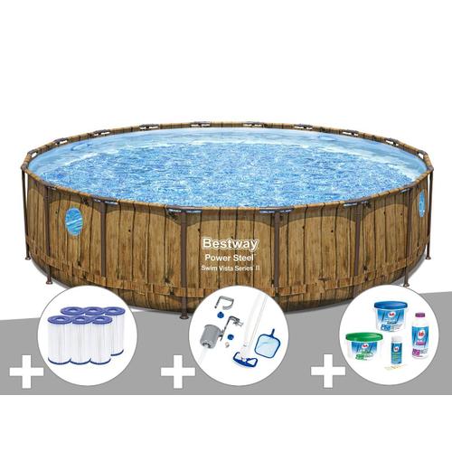 Kit piscine tubulaire ronde Bestway Power Steel avec hublots 5,49 x 1,22 m + 6 cartouches de filtration + Kit de traitement au chlore + Kit d'entretien Deluxe