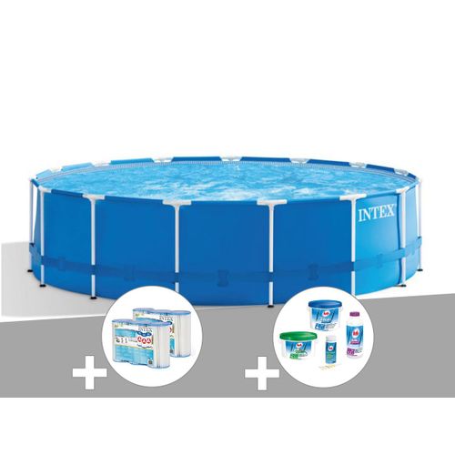 Kit piscine tubulaire Intex Metal Frame ronde 4,57 x 1,22 m + 6 cartouches de filtration + Kit de traitement au chlore