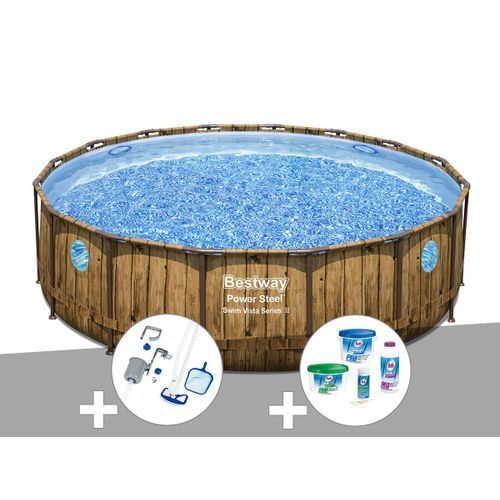 Kit piscine tubulaire ronde Bestway Power Steel avec hublots 4,88 x 1,22 m + Kit de traitement au chlore + Kit d'entretien Deluxe